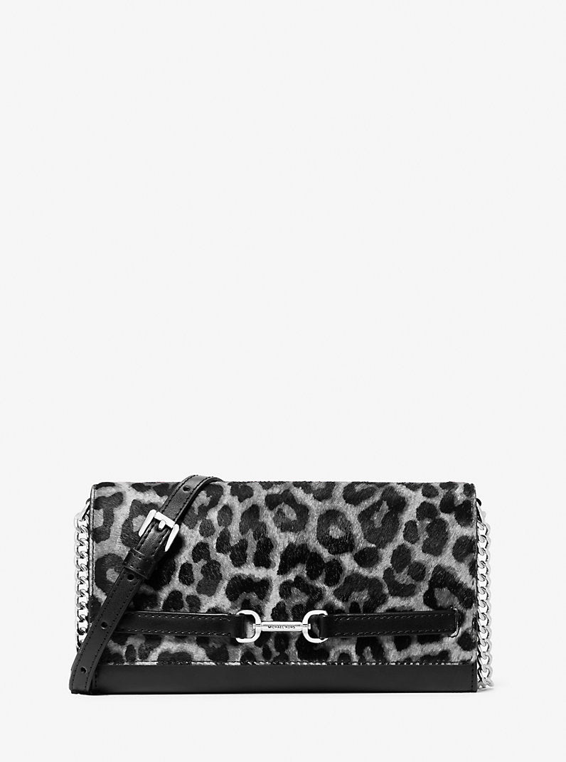 Michael Kors Carson Large Leopard Print Calf Hair Convertible Crossbody Black