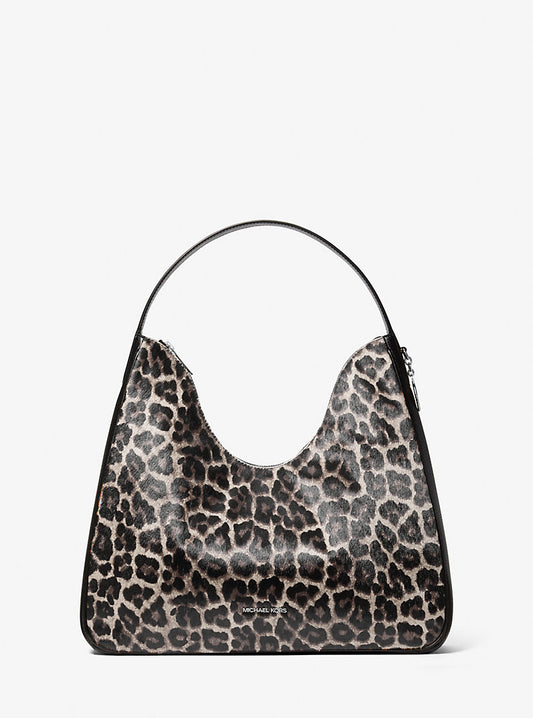 Michael Kors Nayla Medium Leopard Print Calf Hair Hobo Shoulder Black